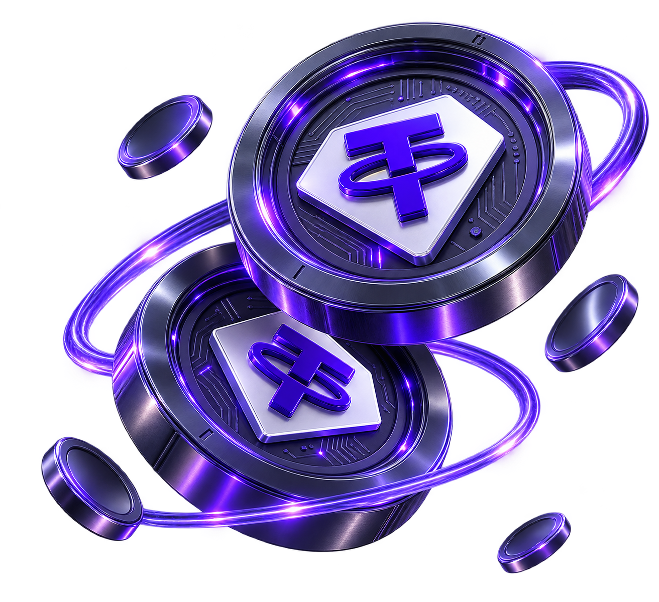 عملتان من عملة «تيثر» (USDT) محاطتان بآثر ضوئي يدور حولهما